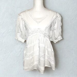 POL White Crochet Victorian Top Women Small